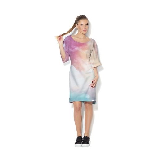 Sukienka Colour Pleasure w abstrakcyjnym wzorze wielokolorowa z okrągłym dekoltem midi z długimi rękawami 