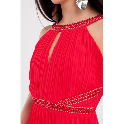 Sukienka plisowana z ozdobami w pasie i dekolcie Czerwona   L Butik Ecru