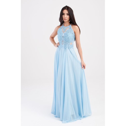 Długa sukienka z koronką z cyrkoniami Niebieska   S Butik Ecru