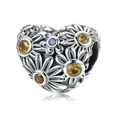 Rodowany srebrny charms pandora serce heart kwiatki flowers cyrkonie srebro 925 BEAD150 Valerio   Valerio.pl