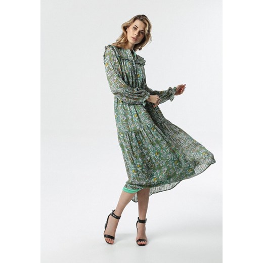 Sukienka Born2be z długim rękawem maxi zielona w abstrakcyjnym wzorze z dekoltem w serek 