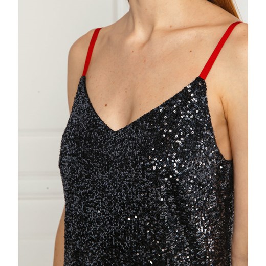 Srebrna sukienka DKNY elegancka trapezowa mini na ramiączkach z aplikacjami  