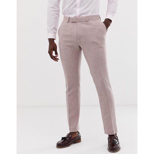 ASOS DESIGN – Różowe ślubne spodnie garniturowe ze wzorem w jodełkę-Szary