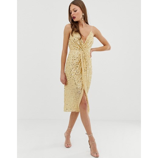 ASOS DESIGN – Satynowa sukienka midi na ramiączkach z węzłem z przodu i cekinami-Złoty