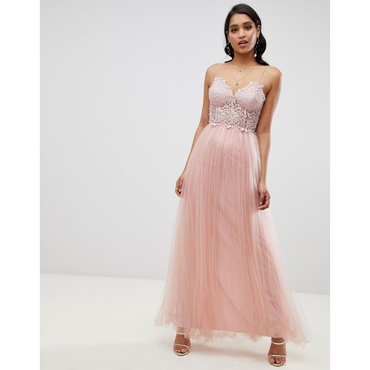 ASOS DESIGN – Sukienka maxi na ramiączkach, ze spódnicą z tiulu i górą z wysokiej jakości koronki-Różowy