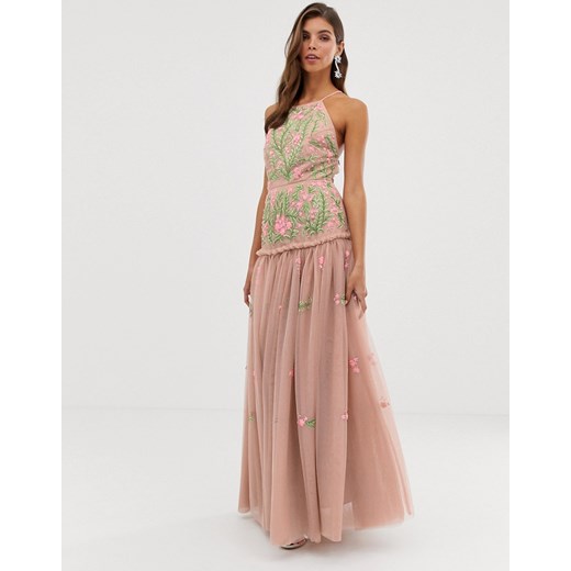 ASOS EDITION – Sukienka maxi z kwiatowym haftem i cekinami, odkryte plecy-Różowy