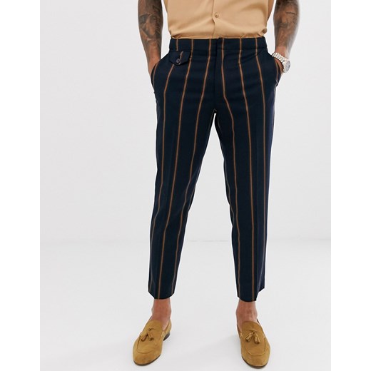 ASOS DESIGN – Granatowe spodnie garniturowe z krótszymi nogawkami w paski-Granatowy