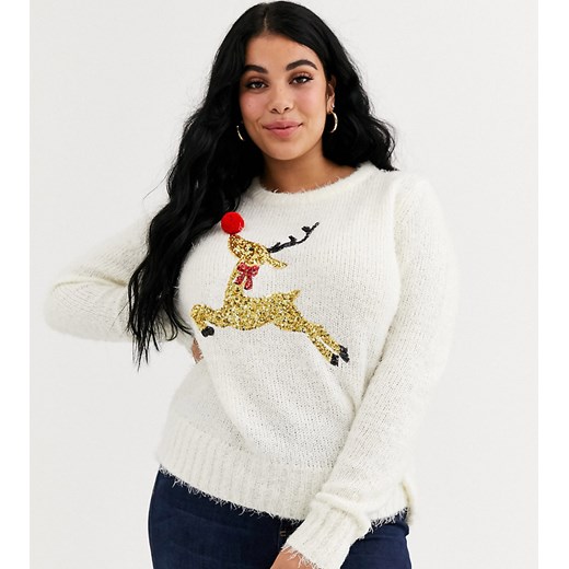 Brave Soul Plus – Sweter ze sztucznymi piórami, cekinami i pomponami-Biały