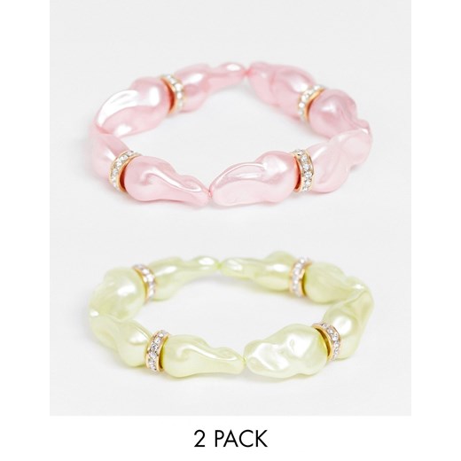 ASOS DESIGN Komplet 2 sztuk elastycznych bransoletek z kolorowymi perłami i kółkami otoczonymi kryształkami-Wielokolorowy