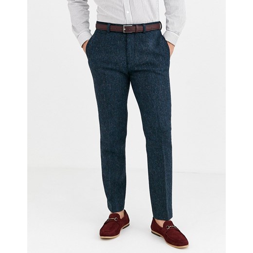 ASOS DESIGN – Niebieskie spodnie garniturowe o dopasowanym kroju ze 100% wełny Harris Tweed w jodełkę