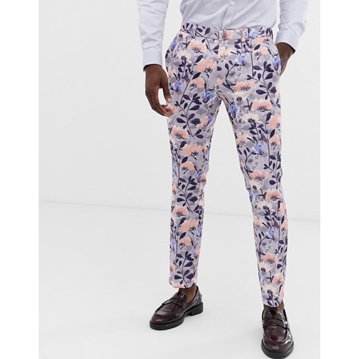 Burton Menswear – Wąskie niebieskie ślubne spodnie w kwiaty