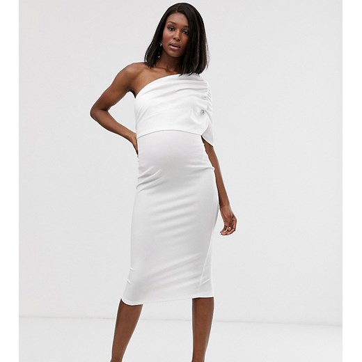 ASOS DESIGN Maternity – Sukienka midi na jedno ramię z marszczoną górą-Biały