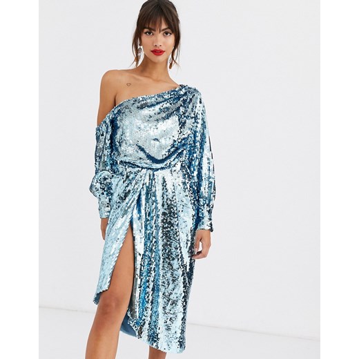 ASOS DESIGN – Niebieska cekinowa sukienka na jedno ramię-Niebieski