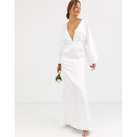 ASOS EDITION – Satynowa suknia ślubna z rękawami kimonowymi-Biały