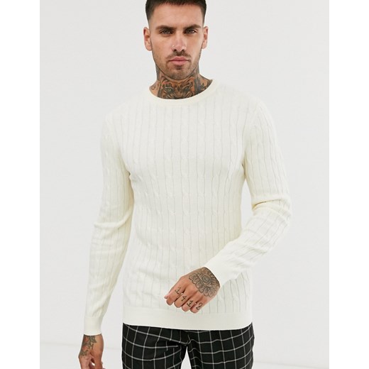 Gianni Feraud Premium – Sweter o warkoczowym splocie z okrągłym wykończeniem wokół szyi i kroju podkreślającym sylwetkę-Kremowy