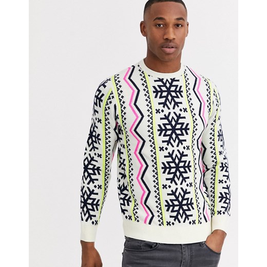 Threadbare – Neonowy świąteczny sweter ze skandynawskim wzorem-Biały