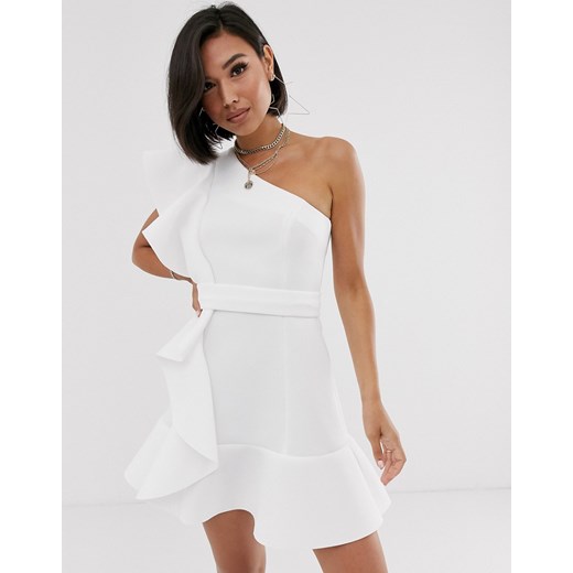 ASOS DESIGN – Sukienka mini na jedno ramię z falbankami-Biały
