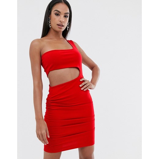 Fashionkilla – Czerwona, wyjściowa sukienka mini z wycięciami, marszczeniami i odkrytym ramieniem-Czerwony