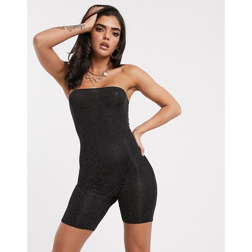 New Girl Order – Czarny, krótki, obcisły kombinezon z dekoltem typu z materiału z brokatem