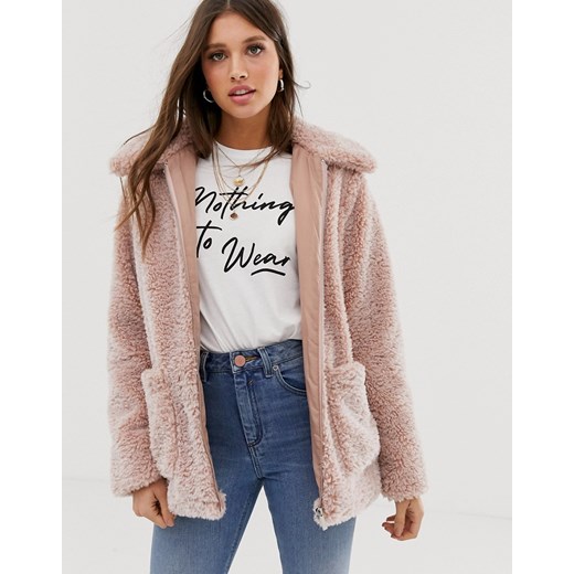 New Look - Różowy płaszcz ze sztucznego baranka