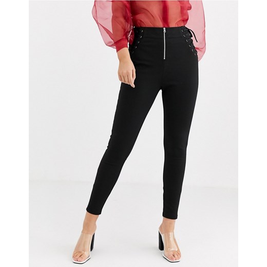ASOS DESIGN – Gorsetowe sznurowane spodnie o obcisłym kroju z kontrastowymi szwami-Czarny