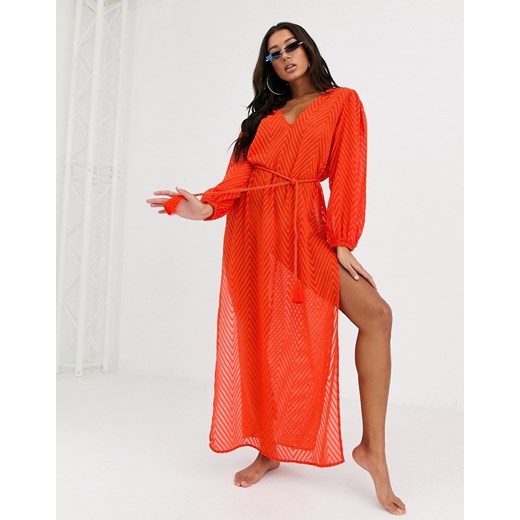 ASOS DESIGN – Grecka plażowa sukienka maxi z szewronową teksturą i sznurkiem w pasie-Czerwony