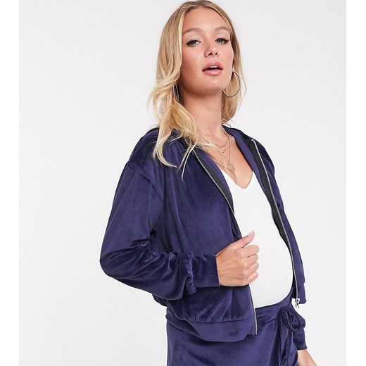 Fashionkilla Maternity – Granatowa aksamitna bluza z kapturem o krótkim fasonie zapinana na zamek-Beżowy