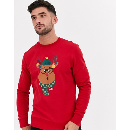 Jack & Jones Originals — Czerwona świąteczna bluza dresowa z nadrukiem renifera-Czerwony