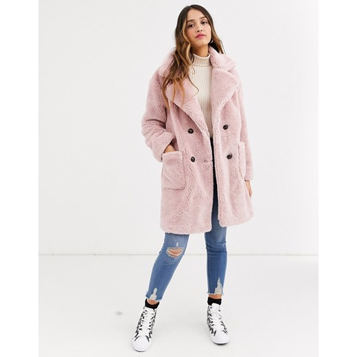 QED London – Różowy puszysty dwurzędowy płaszcz