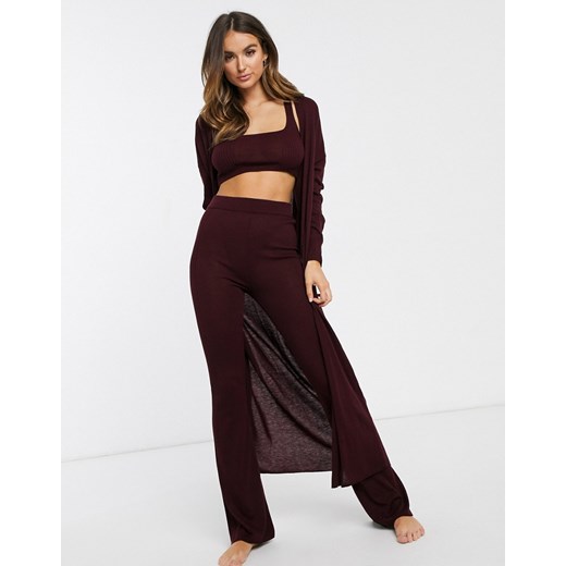 ASOS DESIGN – Wygodny zestaw 3-częściowy – koszulka na ramiączkach, spodnie i kardigan-Brązowy