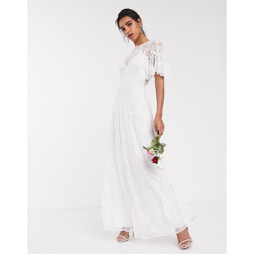 ASOS EDITION – Haftowana suknia ślubna z ozdobnymi koralikami i powiewnymi rękawami-Biały