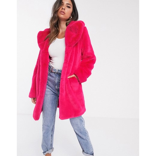 Barney's Originals – Neonowy różowy płaszcz ze sztucznego futra o wydłużonym fasonie