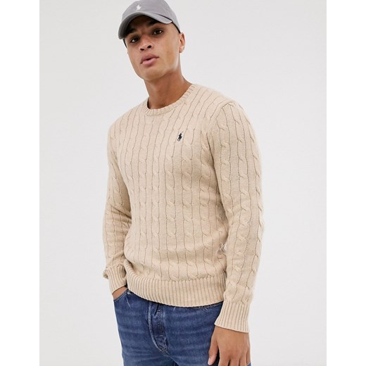 Polo Ralph Lauren – Beżowy sweter o splocie warkoczowym z logo z graczem polo