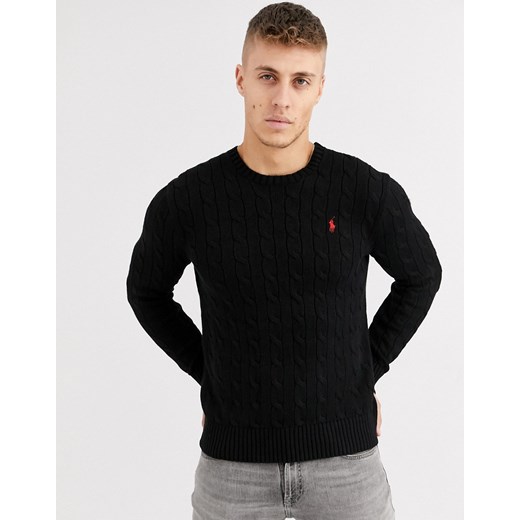 Polo Ralph Lauren – Czarny bawełniany sweter z logo gracza i splotem warkoczowym