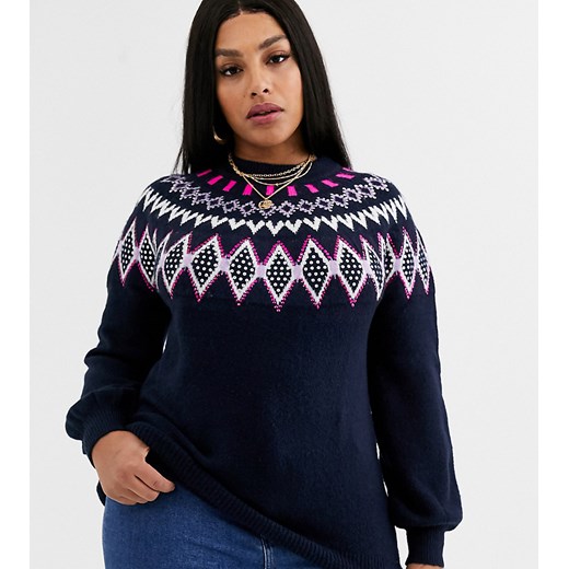 Simply Be – Granatowy sweter z ozdobnym wzorem na górze w stylu szewronowym-Wielokolorowy