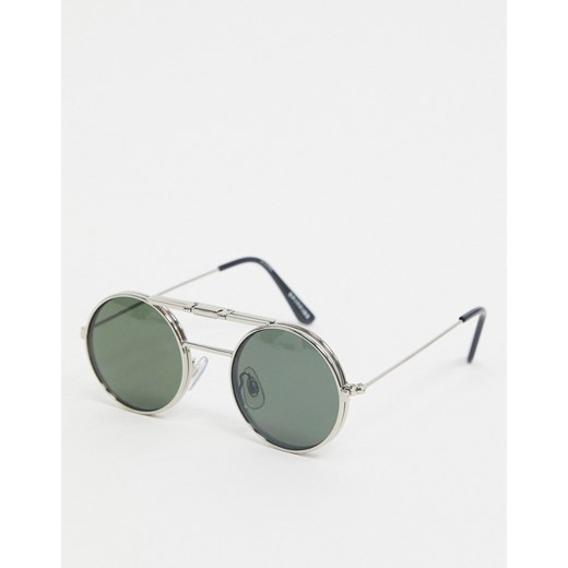 Spitfire – Lennon – Srebrne okrągłe okulary przeciwsłoneczne typu flip up z zielonymi soczewkami-Srebrny