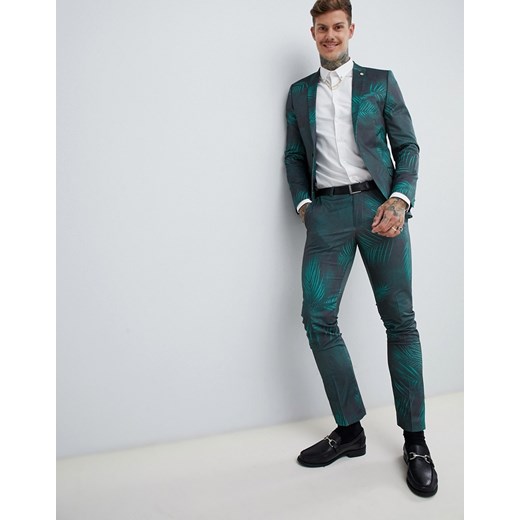Twisted Tailor – Bardzo obcisłe spodnie garniturowe z nadrukiem liści-Zielony