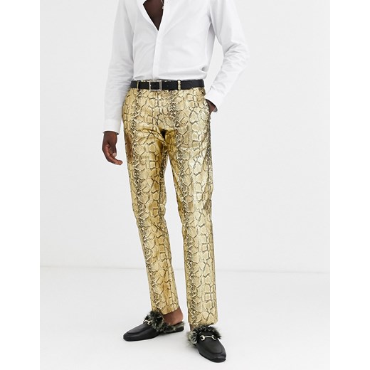 Twisted Tailor – Złote spodnie garniturowe o obcisłym kroju w wężowy wzór-Złoty