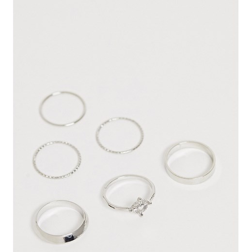 ASOS DESIGN – Curve – Zestaw 6 pierścionków z grawerowanym sercem i obrączkami różnej wielkości w kolorze srebra-Srebrny