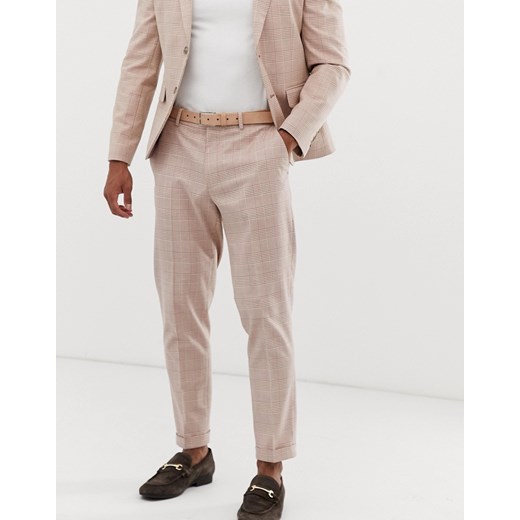 ASOS DESIGN – Kremowe lniane spodnie garniturowe o obcisłym kroju i z krótszymi nogawkami, w kratę-Kremowy