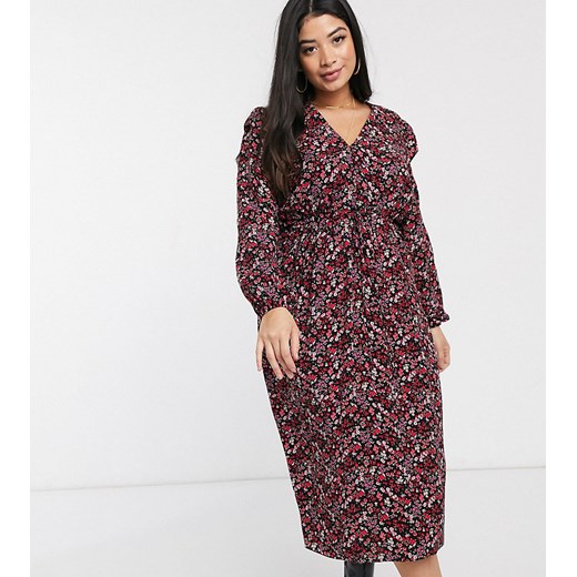 Sukienka New Look Plus z dekoltem w literę v midi wielokolorowa casual z długim rękawem