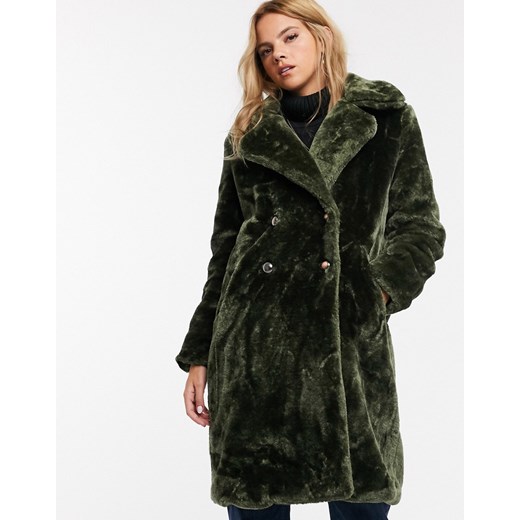 QED London – Dwurzędowy płaszcz o długości midi ze sztucznego futra-Zielony
