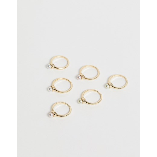 ASOS DESIGN - komplet 6 pierścionków w kolorze złotym z perłami