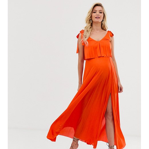 ASOS DESIGN Maternity – Plisowana sukienka maxi z górą o skróconym kroju i wiązanymi ramiączkami, fason dla karmiących-Pomarańczowy