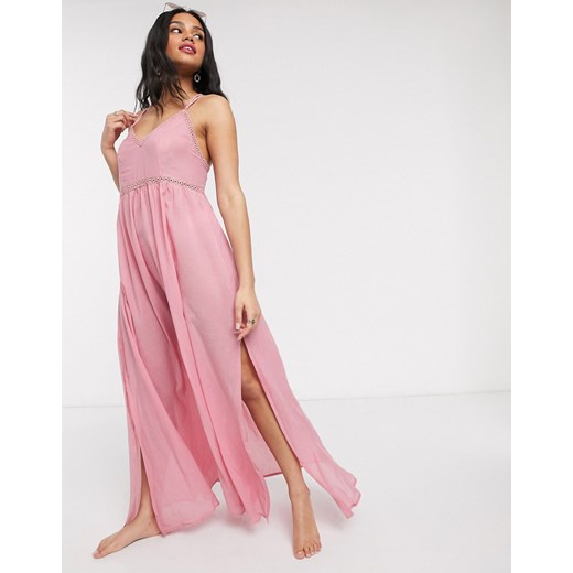 ASOS DESIGN – Różowa plażowa sukienka maxi ze wstawką z koronki-Różowy