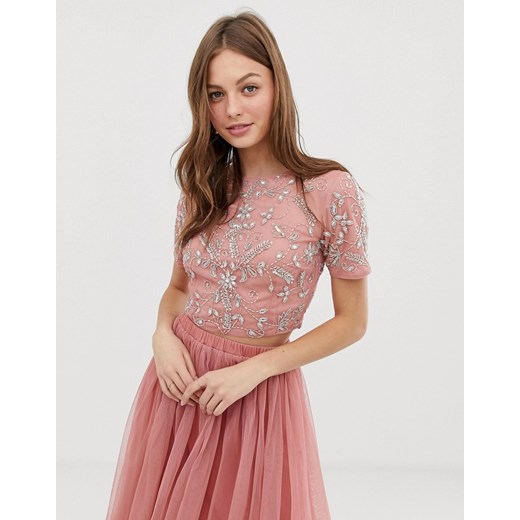 Lace & Beads – Różowy zdobiony krótki top w kwiaty, część kompletu-Pomarańczowy