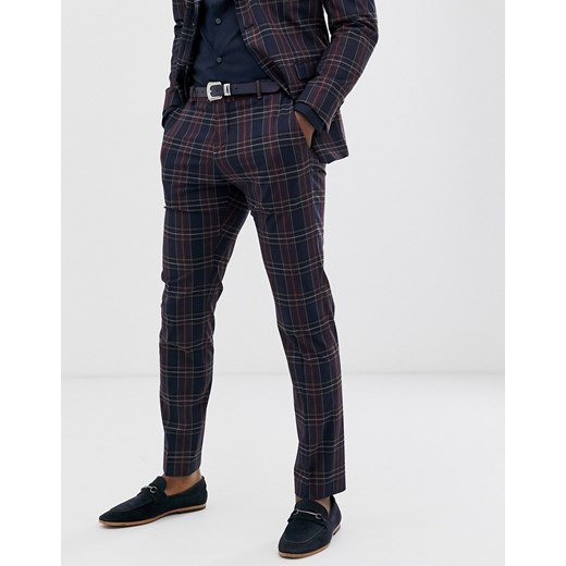 Selected Homme – Granatowe spodnie garniturowe o dopasowanym kroju w czerwoną kratę-Granatowy