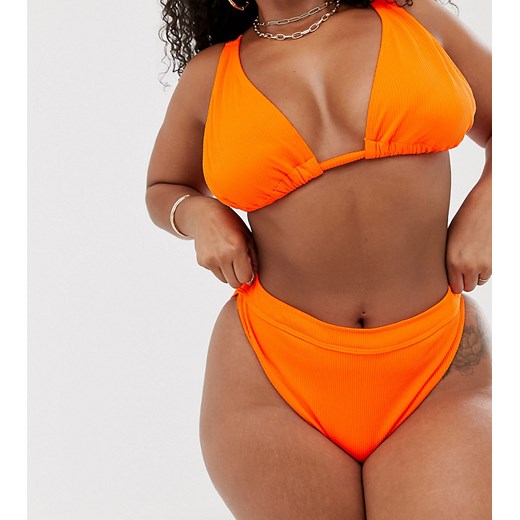 South Beach Curve — Exclusive — Neonowo-pomarańczowe prążkowane majtki od bikini z wysokim stanem-Pomarańczowy