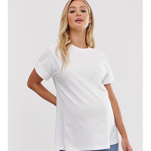 ASOS DESIGN Maternity – Biały T-shirt oversize o fasonie boyfriend z podwijanymi rękawami