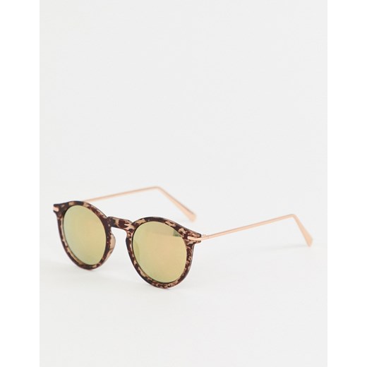 ASOS DESIGN – Matowe, szylkretowe, okrągłe okulary przeciwsłoneczne z metalowymi zausznikami i soczewkami lustrzanymi-Brązowy